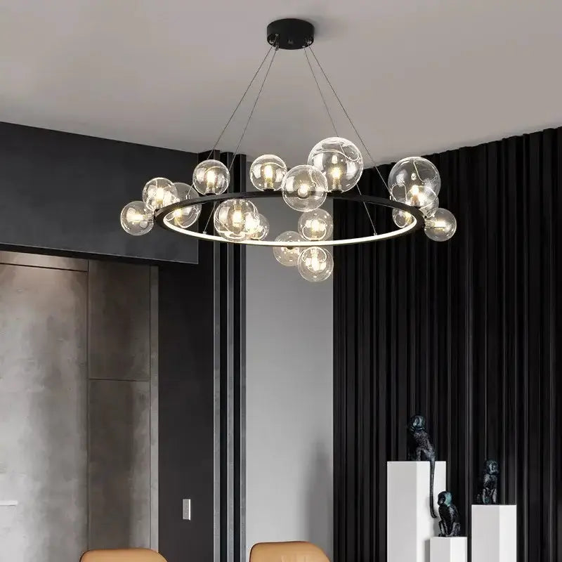 Chandelier black clear glass bubble LED with circular ring and globes Decorbites dining light on Tampa Home & Garden Store