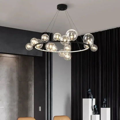 Chandelier black clear glass bubble LED with circular ring and globes Decorbites dining light on Tampa Home & Garden Store