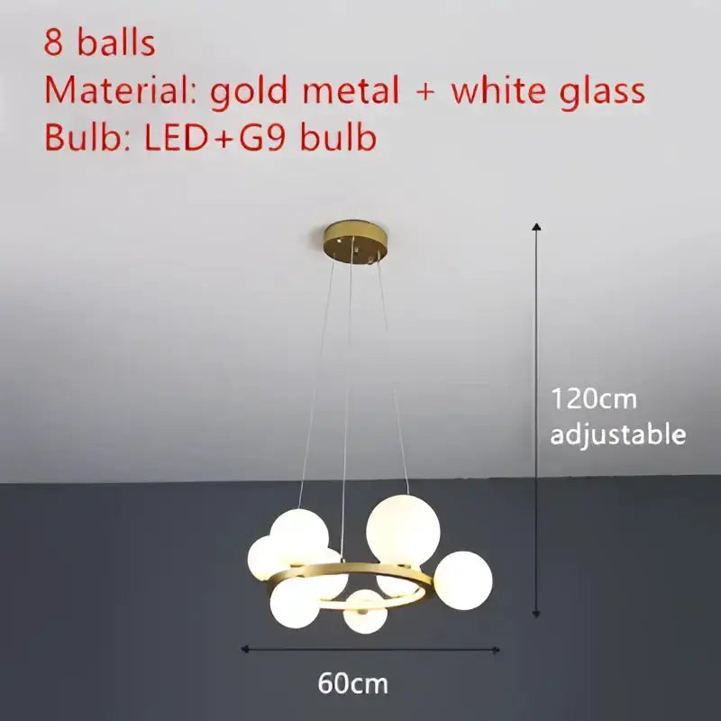 Modern black glass bubble LED chandelier 8 white spheres on a gold ring Decorbites on Tampa Home & Garden Store
