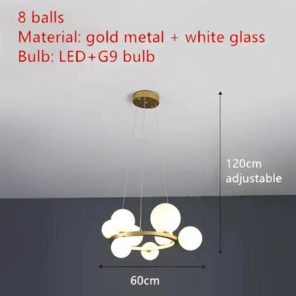 Modern black glass bubble LED chandelier 8 white spheres on a gold ring Decorbites on Tampa Home & Garden Store