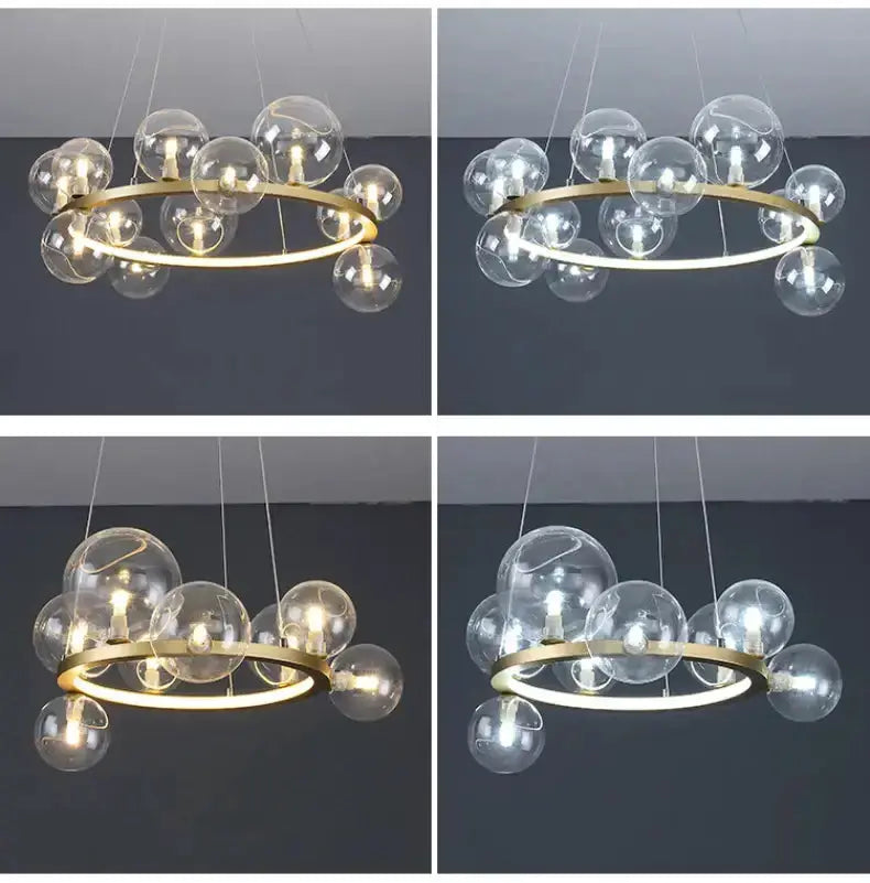 Modern gold-tone circular ring chandelier with clear glass bubble globes and LED bulbs, four-view collage on Tampa Home & Garden Store