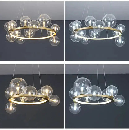 Modern gold-tone circular ring chandelier with clear glass bubble globes and LED bulbs, four-view collage on Tampa Home & Garden Store