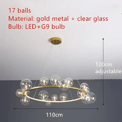 Chandelier with 17 clear glass bubble bulbs on a gold ring, 110cm wide, 120cm adjustable height on Tampa Home & Garden Store