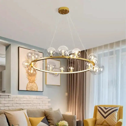 Chandelier gold ring with clear glass bubble LED bulbs, dining room light on Tampa Home & Garden Store