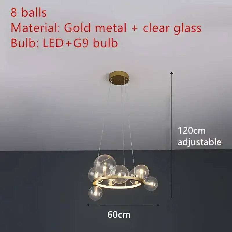 Chandelier Decorbites gold metal clear glass bubble LED ring, 8 globes, 60cm wide, adjustable on Tampa Home & Garden Store