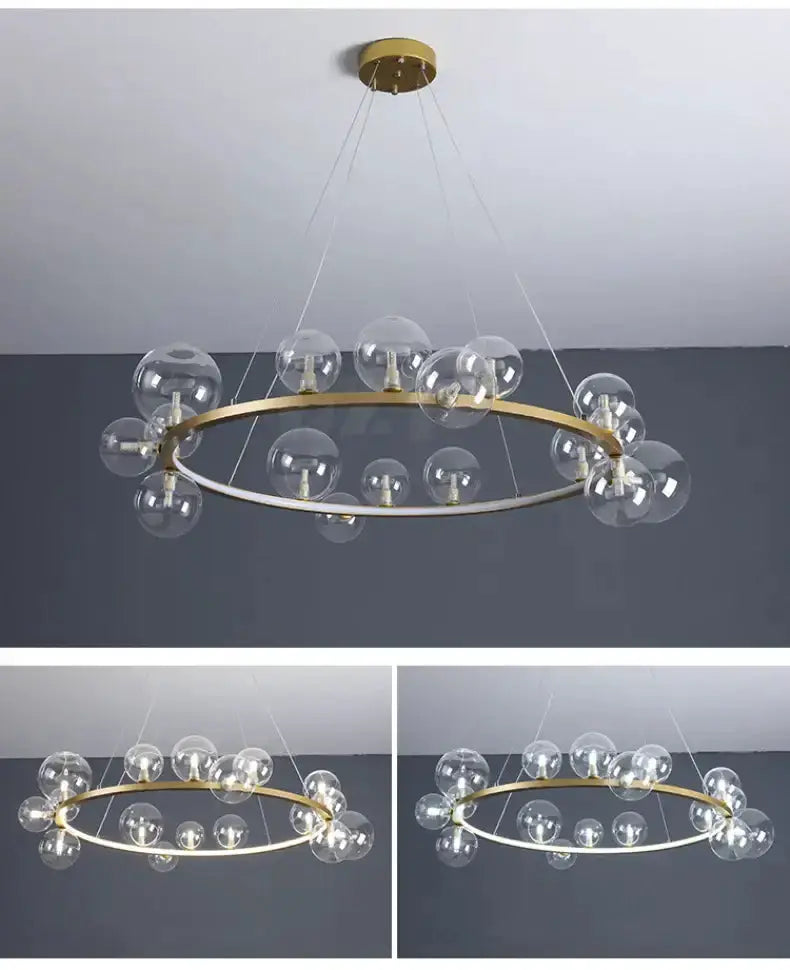 Chandelier Decorbites circular ring with clear glass bubbles, gold finish, modern dining room light on Tampa Home & Garden Store