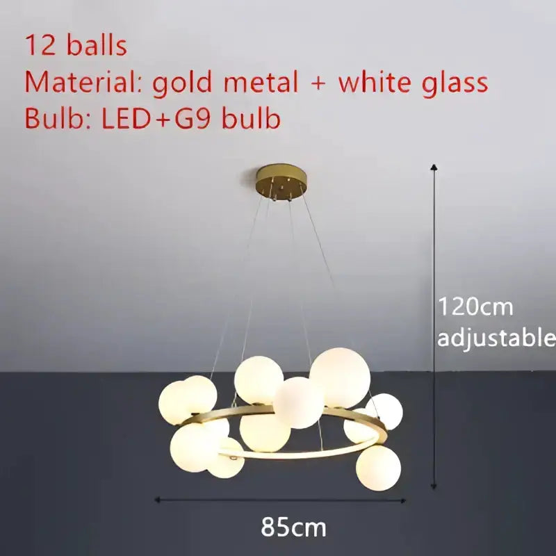 Chandelier Decorbites gold metal ring 12 white glass bubble LEDs, 85cm, 120cm adjustable on Tampa Home & Garden Store
