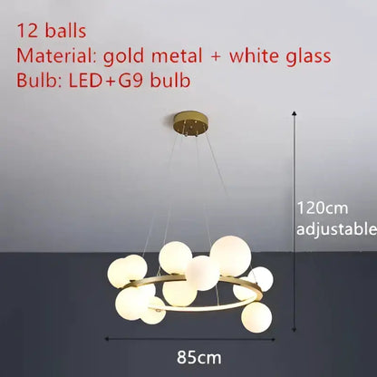 Chandelier Decorbites gold metal ring 12 white glass bubble LEDs, 85cm, 120cm adjustable on Tampa Home & Garden Store