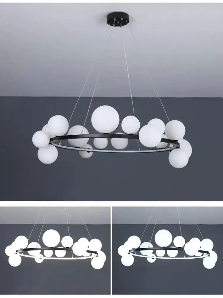 Chandelier Decorbites modern black ring with white glass bubble lights, LED on Tampa Home & Garden Store