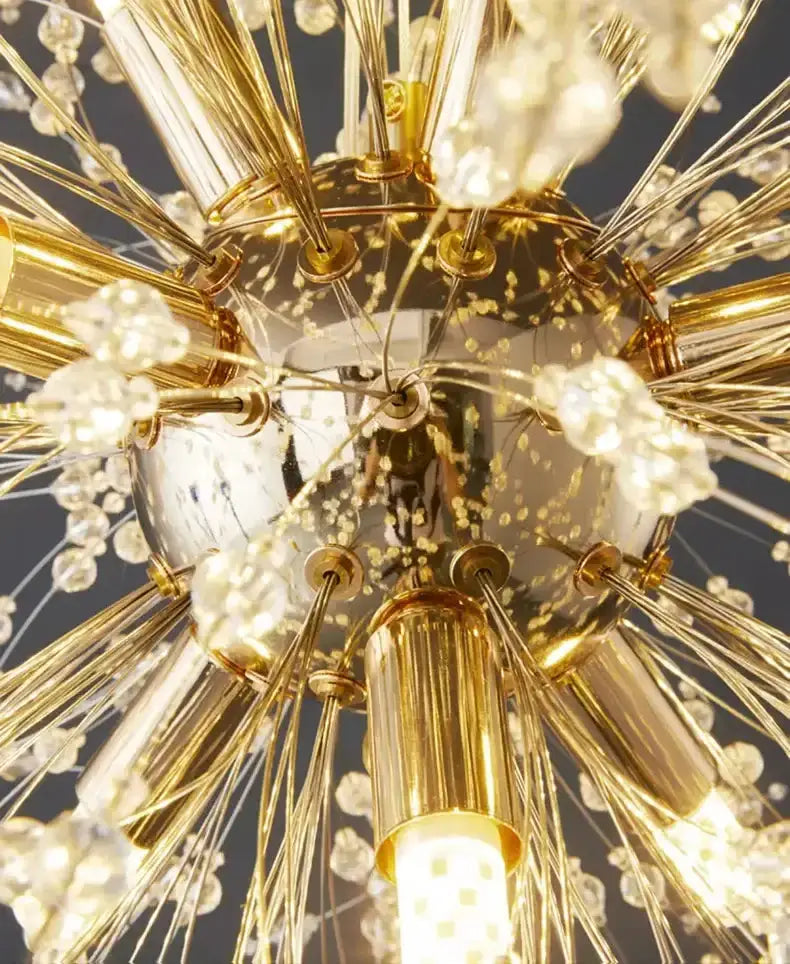 Chandelier modern gold branch LED pendant with crystal beads and a reflective hub on Tampa Home & Garden Store