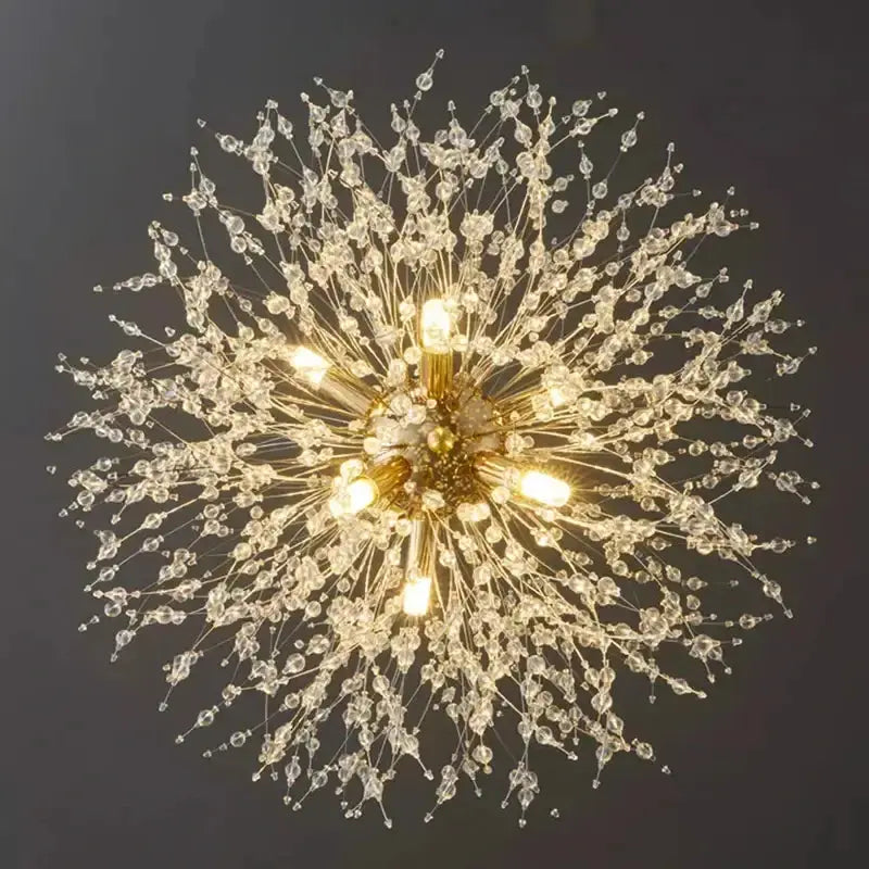 Chandelier modern gold branch LED pendant with crystal beads by Decorbites, starburst design on Tampa Home & Garden Store