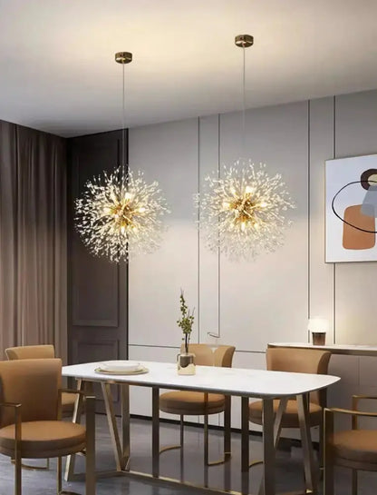Modern two-light gold branch LED pendant chandelier with crystal bursts, Decorbites on Tampa Home & Garden Store