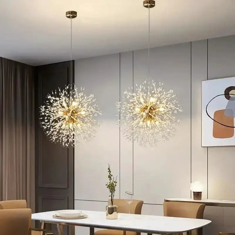Chandelier modern gold branch LED pendant crystal starburst pair in living room on Tampa Home & Garden Store
