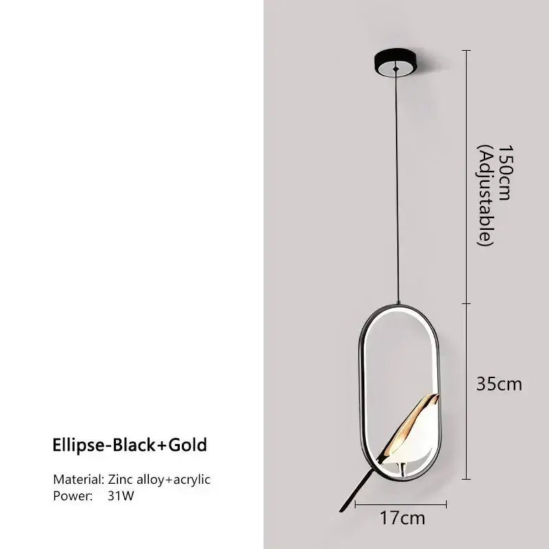Modern gold magpie LED pendant light with oval zinc alloy frame and bird detail Decorbites on Tampa Home & Garden Store