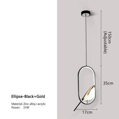 Modern gold magpie LED pendant light with oval zinc alloy frame and bird detail Decorbites on Tampa Home & Garden Store