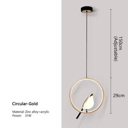 Pendant light Modern gold magpie bird with circular ring, zinc alloy + acrylic Decorbites on Tampa Home & Garden Store