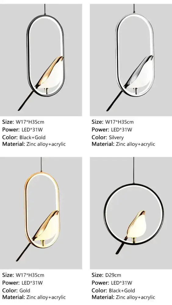 Modern magpie bird LED pendant light in black+gold oval frame with hanging cord on Tampa Home & Garden Store
Modern magpie bird LED pendant light in silver oval frame with hanging cord on Tampa Home & Garden Store
Modern magpie bird LED pendant light in gold oval frame with hanging cord on Tampa Home & Garden Store
Modern magpie bird LED pendant light in black+gold circular frame with hanging cord on Tampa Home & Garden Store