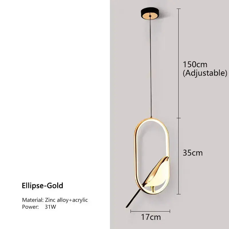 Modern gold magpie LED pendant light with frame and bird motif by Decorbites, 31W, adjustable on Tampa Home & Garden Store