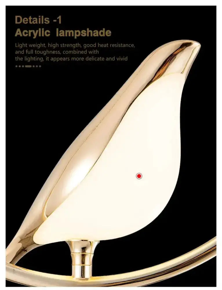 Modern gold magpie bird LED pendant light with acrylic lampshade in geometric frame Decorbites on Tampa Home & Garden Store