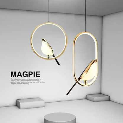 Magpie LED pendant lights by Decorbites, two gold fixtures with circular and oval geometric frames on Tampa Home & Garden Store