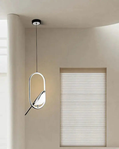 Decorbites gold magpie bird LED pendant light with geometric oval frame on Tampa Home & Garden Store