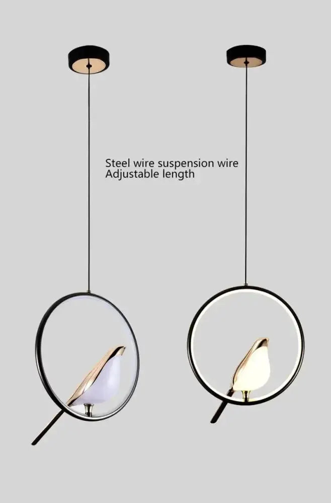 Decorbites pendant lights: modern gold magpie bird LED with circular black rings set of two on Tampa Home & Garden Store