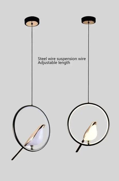 Decorbites pendant lights: modern gold magpie bird LED with circular black rings set of two on Tampa Home & Garden Store