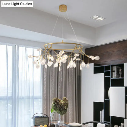 Gold LED dining chandelier with round canopy and crystal drops by Decorbites on Tampa Home & Garden Store