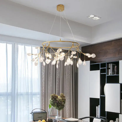 Gold LED dining chandelier with round canopy and glass crystal drops on Tampa Home & Garden Store