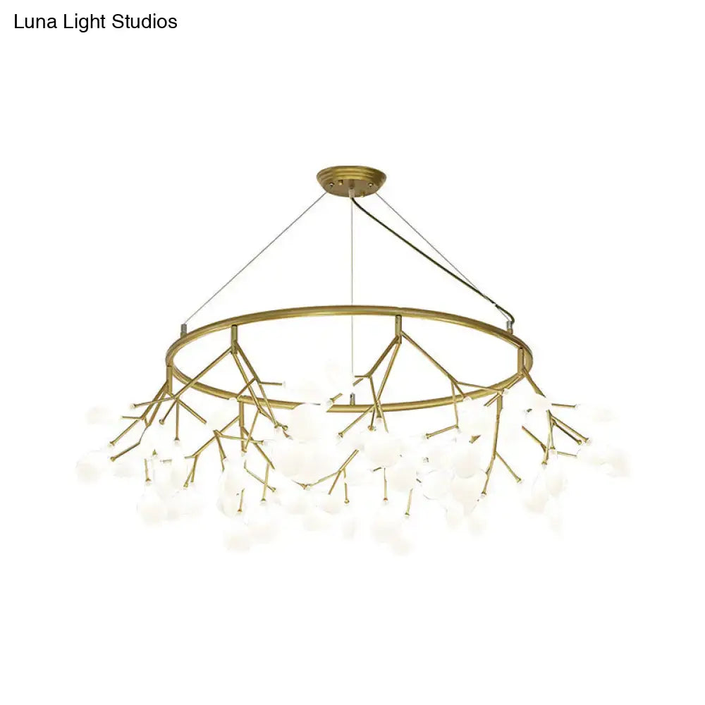 Gold LED dining chandelier with round canopy and twig-like brass branches, 45–81 lights on Tampa Home & Garden Store