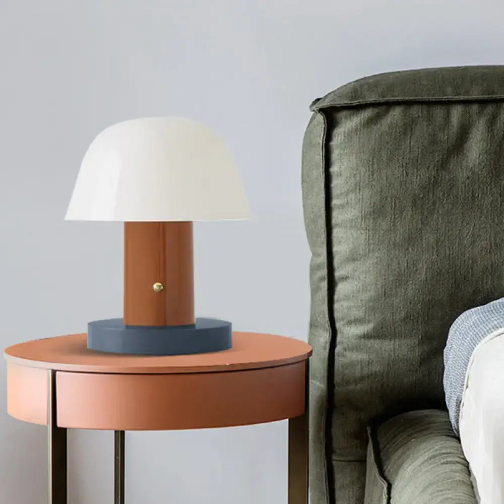 Blue Wood Mushroom Lamp with white dome shade on brown wooden stem and blue base on Tampa Home & Garden Store