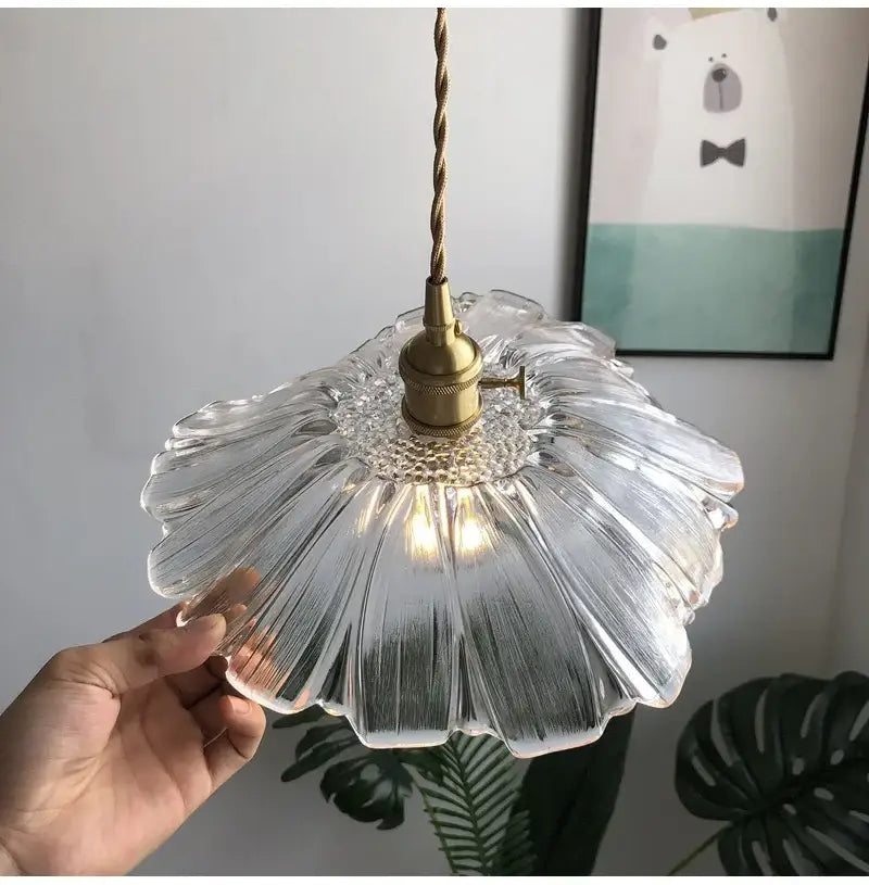 Green Leaf Ceiling Light clear ribbed glass shade brass fixture on Tampa Home & Garden Store
