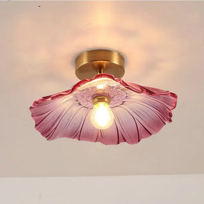 Green Leaf Ceiling Light flush mount by Decorbites, pink glass petal shade, brass mount on Tampa Home & Garden Store