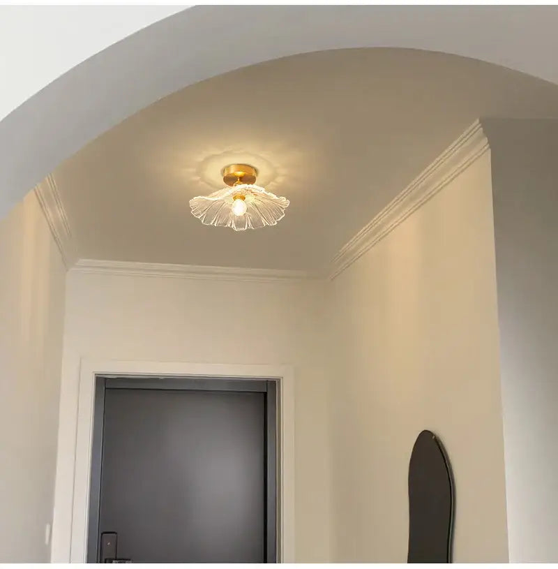 Green leaf ceiling light flush mount with leaf glass shade in hallway on Tampa Home & Garden Store