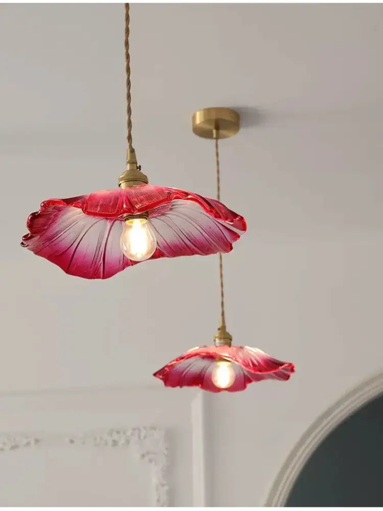 Green Leaf Ceiling Light by Decorbites, pink glass leaf shades with brass hardware, two pendants on Tampa Home & Garden Store