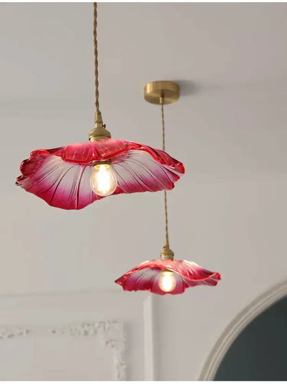 Green Leaf Ceiling Light by Decorbites, pink glass leaf shades with brass hardware, two pendants on Tampa Home & Garden Store