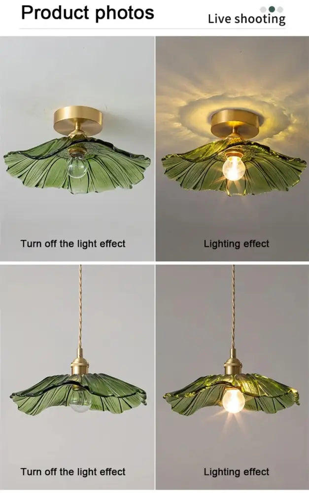 Decorbites green leaf ceiling light flush mount with brass canopy and green glass shade; four views on Tampa Home & Garden Store