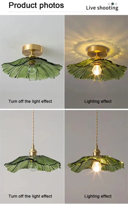 Decorbites green leaf ceiling light flush mount with brass canopy and green glass shade; four views on Tampa Home & Garden Store