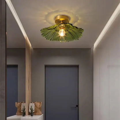 Green Leaf Ceiling Light flush mount by Decorbites, green glass leaf shade with brass base on Tampa Home & Garden Store