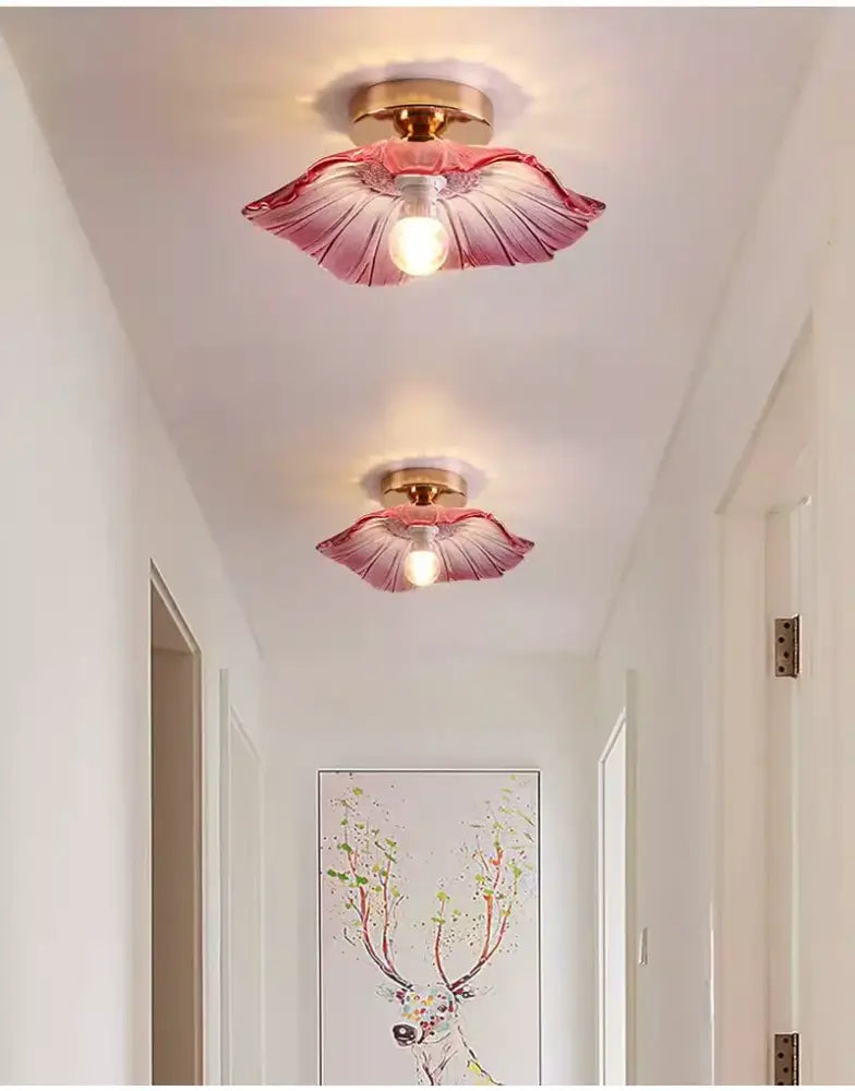 Green Leaf Ceiling Light flush mount with pink glass leaf shades, twin brass fixtures on Tampa Home & Garden Store
