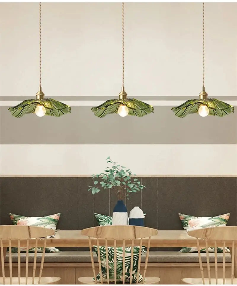 Green Leaf ceiling lights by Decorbites, brass hardware, three-light fixture set on Tampa Home & Garden Store