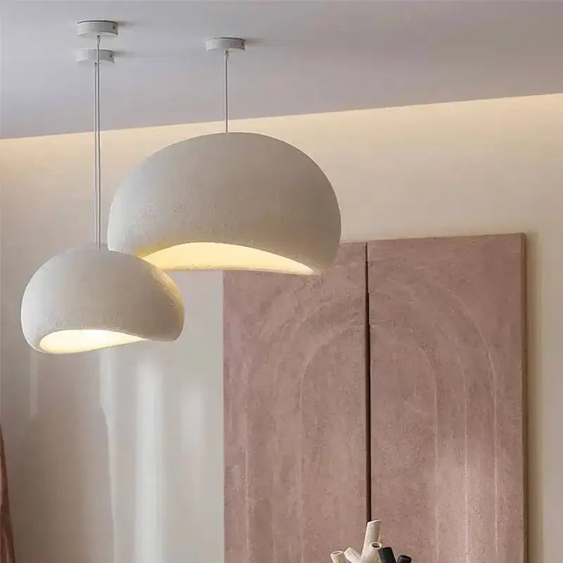 Modern gray and yellow dome pendant lights, warm glow, pair of hanging chandeliers on Tampa Home & Garden Store