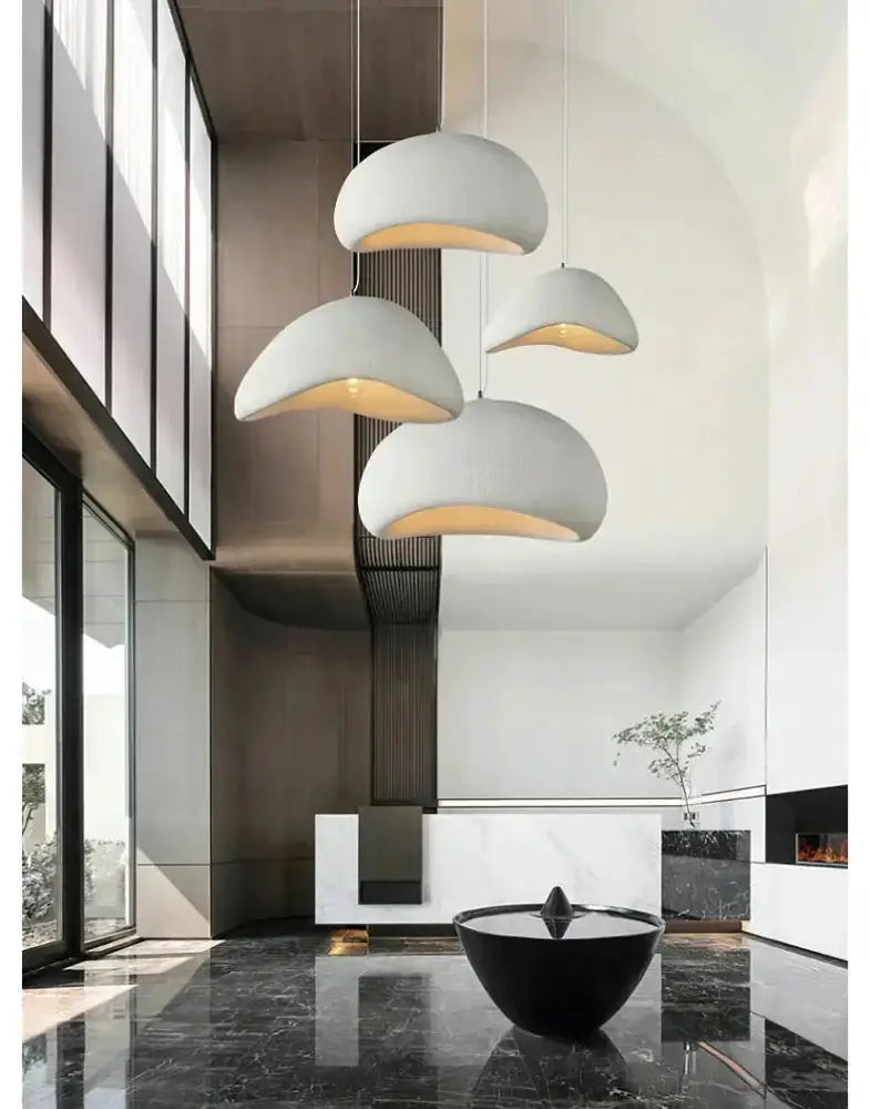 Decorbites modern gray and yellow dome pendant lights, set of 4 with warm dining room glow on Tampa Home & Garden Store