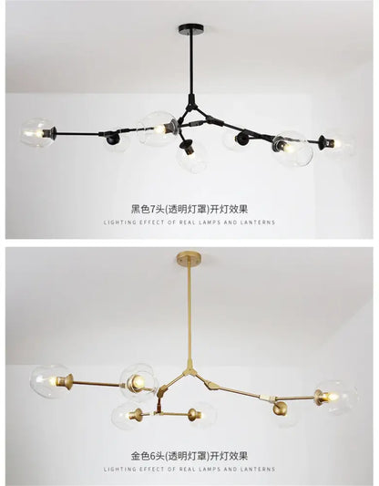Gradient Blue Glass Chandelier by Decorbites, black 7-light and gold 6-light with globes on Tampa Home & Garden Store