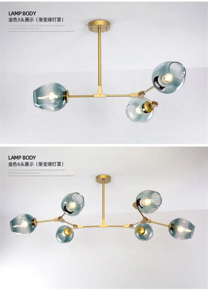 Gradient Blue Glass Chandelier, gold-tone six-light fixture with blue-green glass globes on Tampa Home & Garden Store