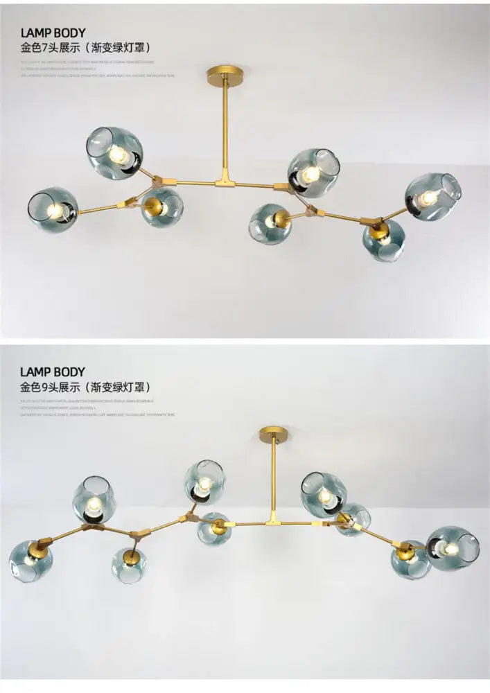 Gradient Blue Glass Chandelier Decorbites, gold arms with blue glass globe shades, 9-light on Tampa Home & Garden Store