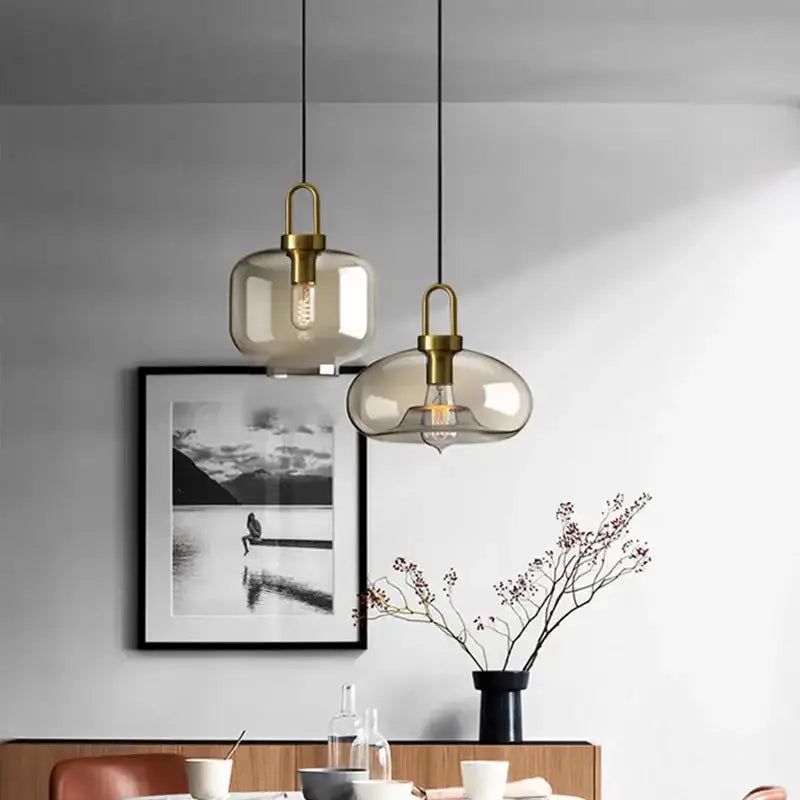 2 pendant lights smoky glass with brass hardware by Decorbites for kitchen dining on Tampa Home & Garden Store