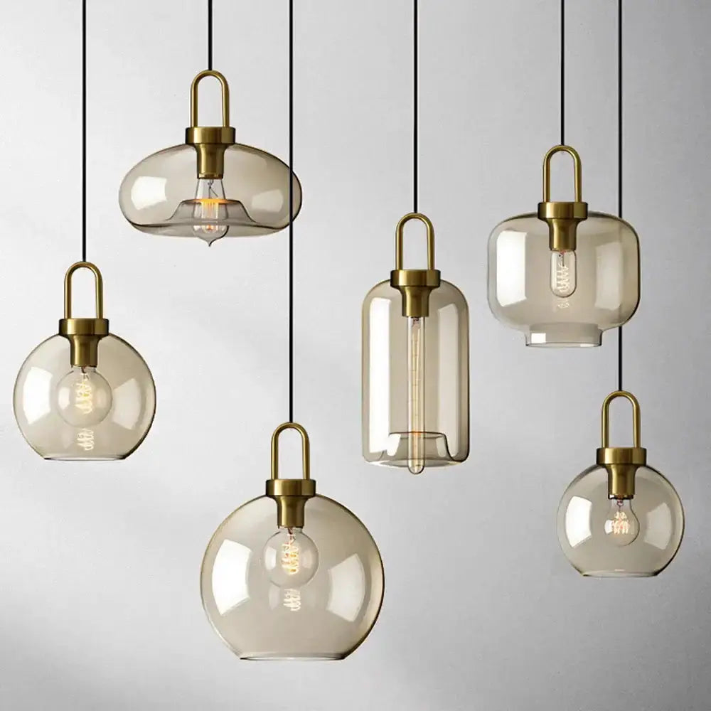 Modern smoked glass and brass pendant light set by Decorbites, six varied shapes on Tampa Home & Garden Store