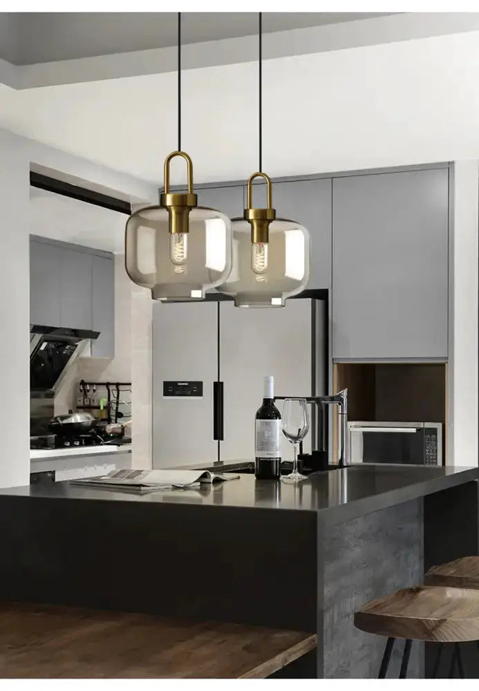 Modern smoked glass and brass pendant light set of 2 for kitchen island dining area on Tampa Home & Garden Store