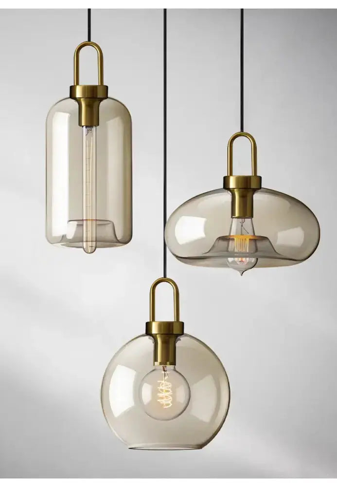 Modern smoked glass pendant lights set by Decorbites, brass hardware, 3 hanging pendants on Tampa Home & Garden Store